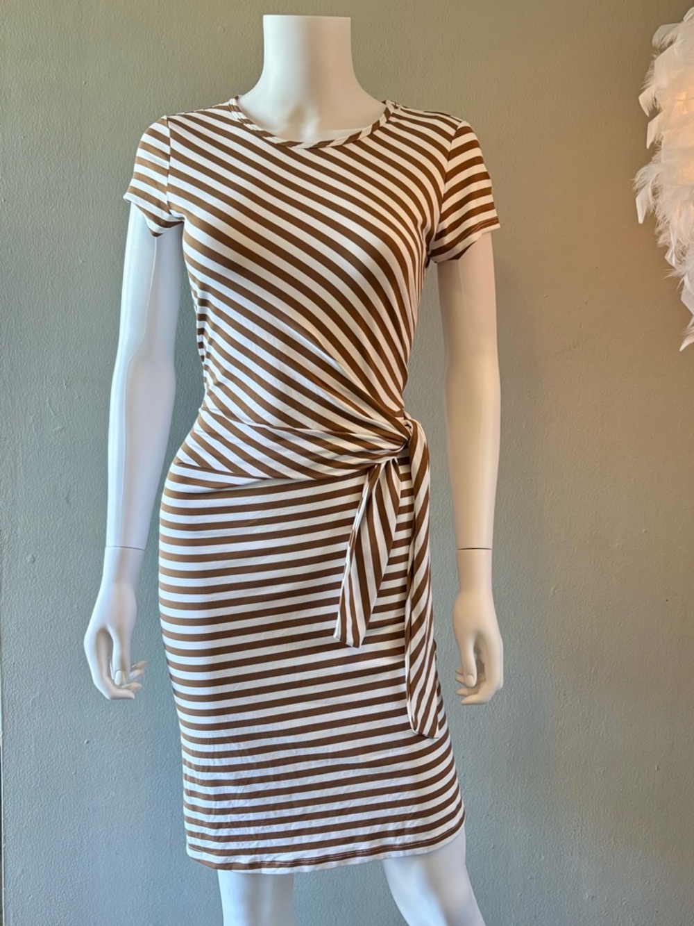 J. McLaughlin Striped Brown and White Tie-Waist Dress